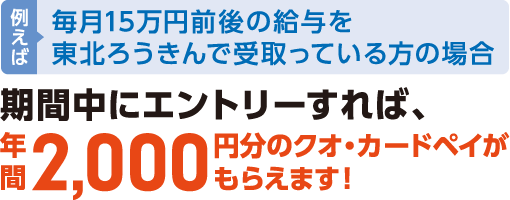 例えば毎月15万円前後の給与を東北ろうきんで受取っている方の場合期間中にエントリーすれば、年間2,000円分のクオ・カードペイがもらえます！