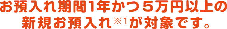 お預入れ期間1年かつ5万円以上の新規お預入れ※1が対象です。